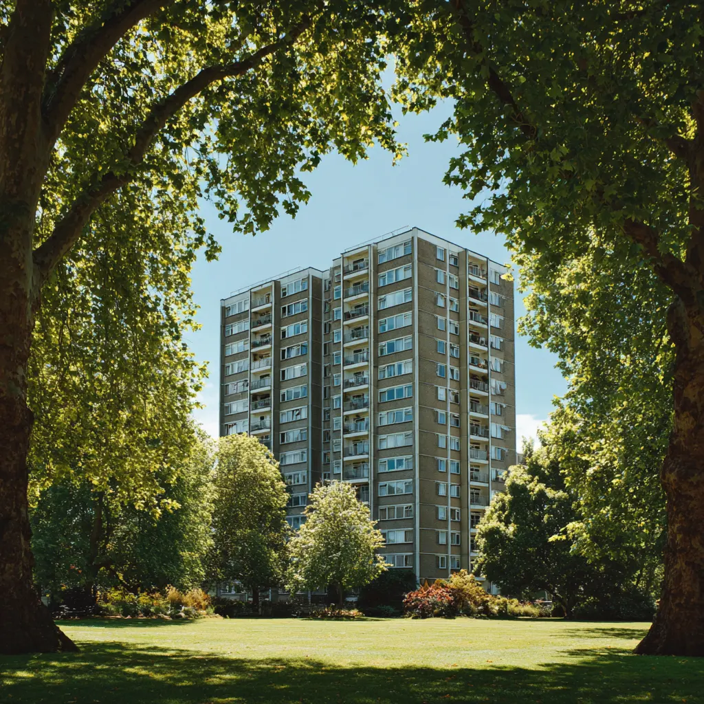 Block of flats framed by trees
