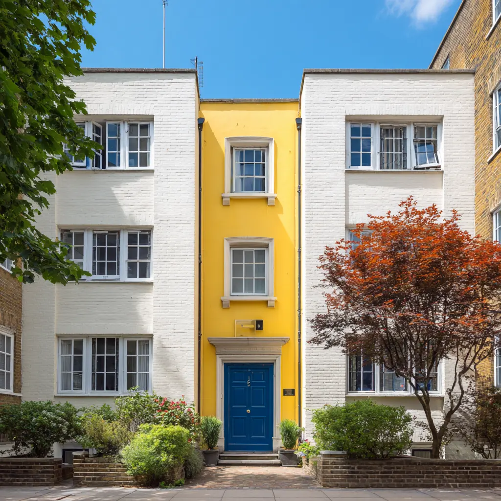 Block of flats in London, white and yellow building and blue front door