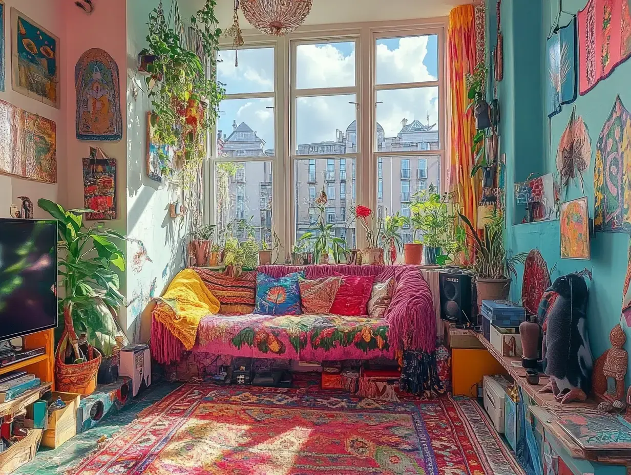 Reception room of a flamboyantly decorated flat with bright coloured decoration