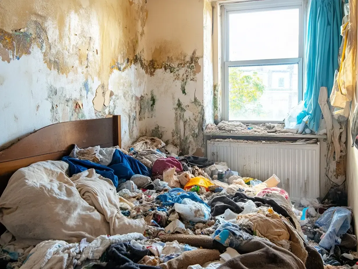 Room of a flat in poor condition with mould on the walls and rubbish on the floor