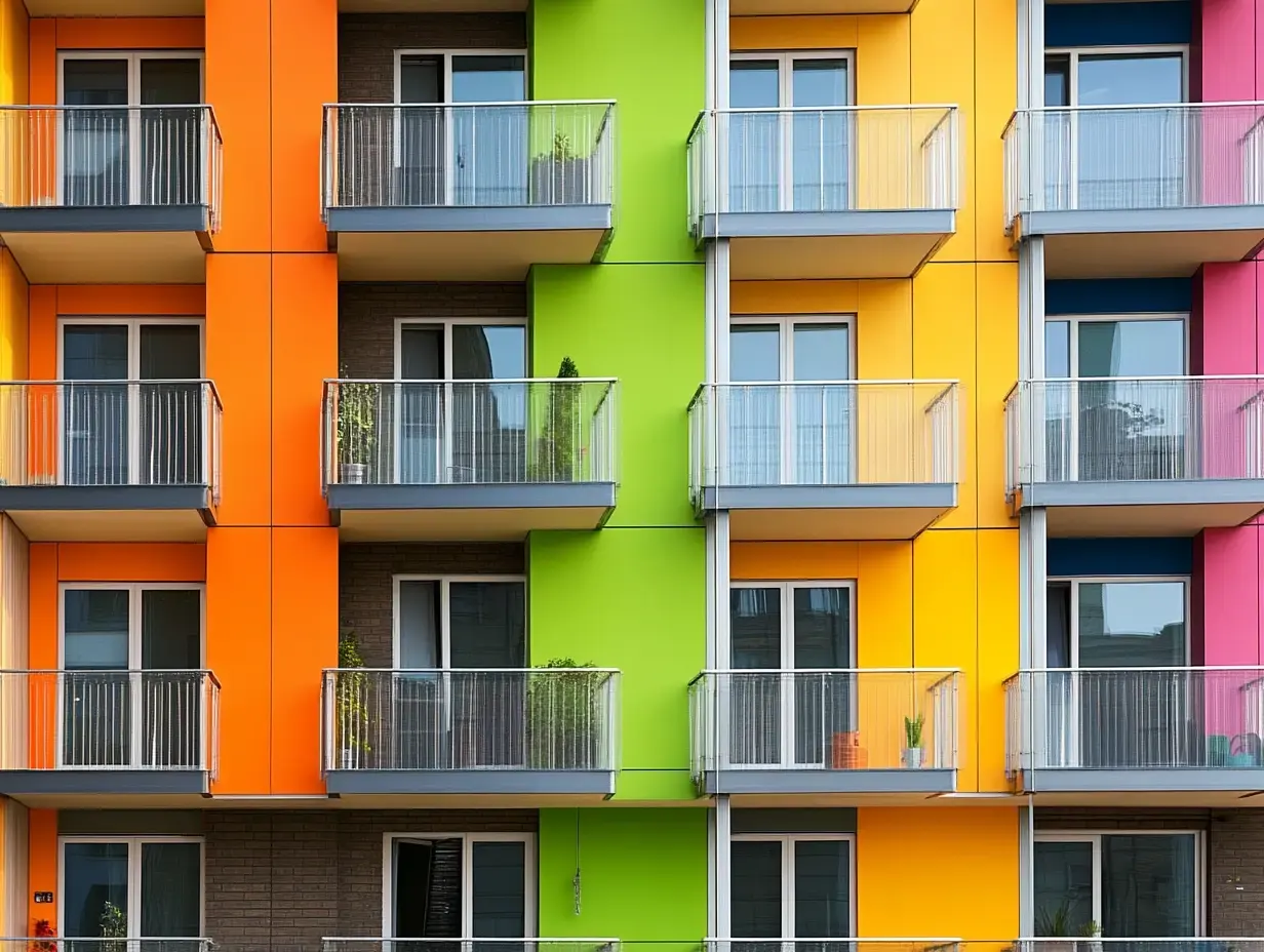 Flats with brightly coloured cladding