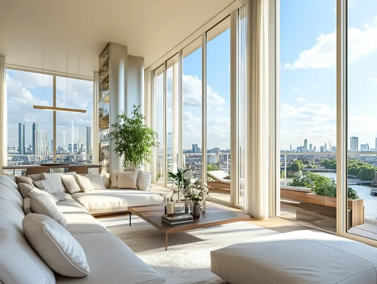 Luxury flat in London with floor to ceiling windows and river views