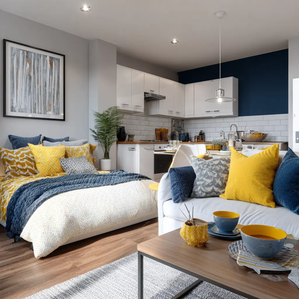 Studio flat with furnishings in white, yellow and blue