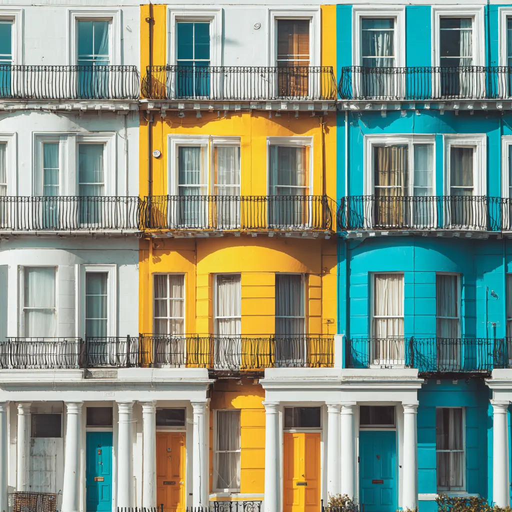 Terraced building of flats in London coloured white, yellow and blue