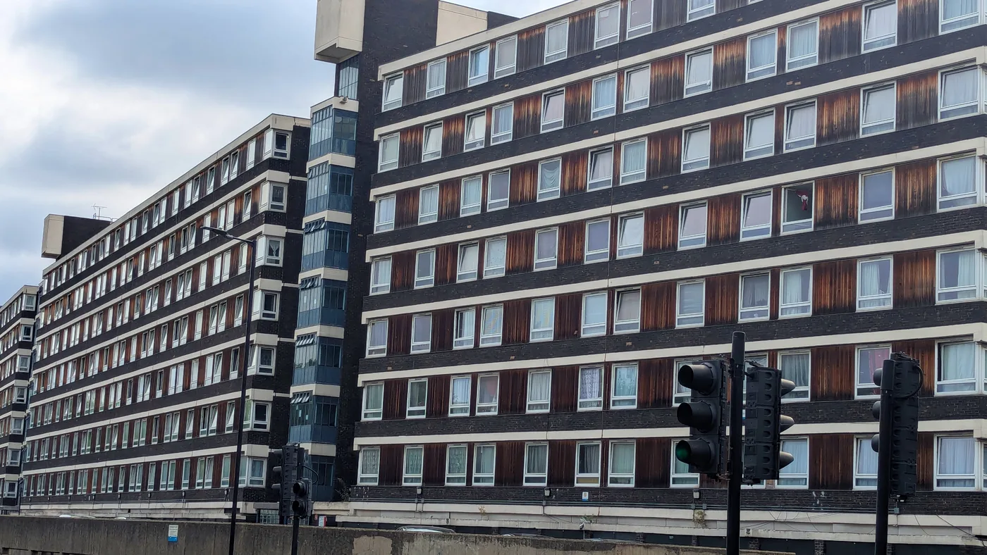 Aberfeldy House, a long mid-rise ex-council block in SE5, south London