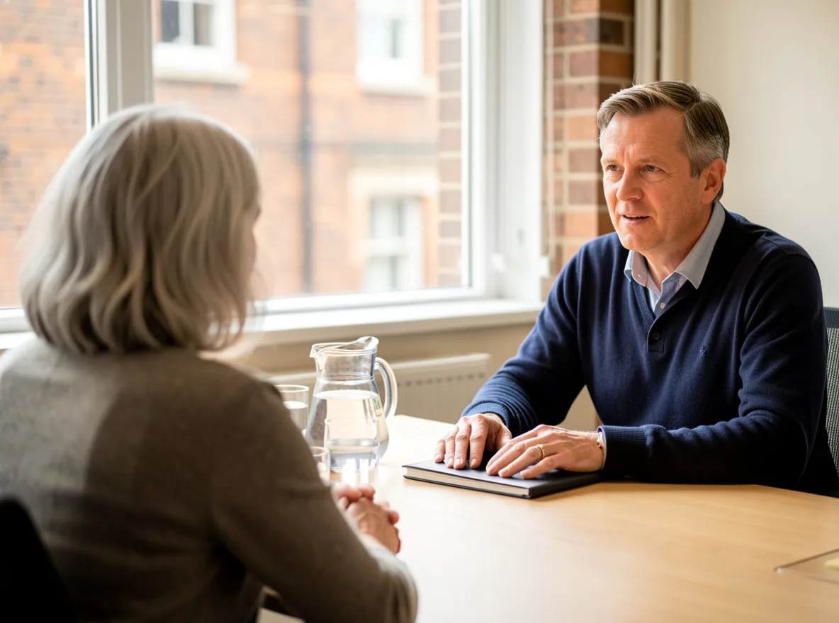 A meeting across a table in a bright London office: a client seen from behind, and a man in a navy jumper listening opposite her with a folder on the table