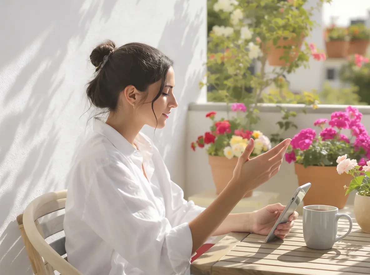 A woman in a white linen shirt at a table on a sunlit apartment terrace abroad, reading a message on her phone, with a mug of coffee beside her and pots of geraniums behind