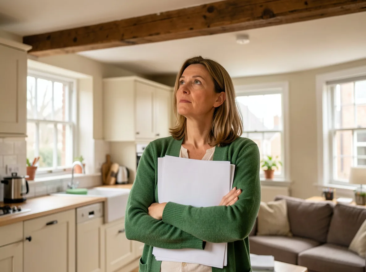 A woman standing in the open-plan kitchen and living room of a converted flat with her arms folded around a folder of papers, looking up at the beam where a dividing wall has been removed