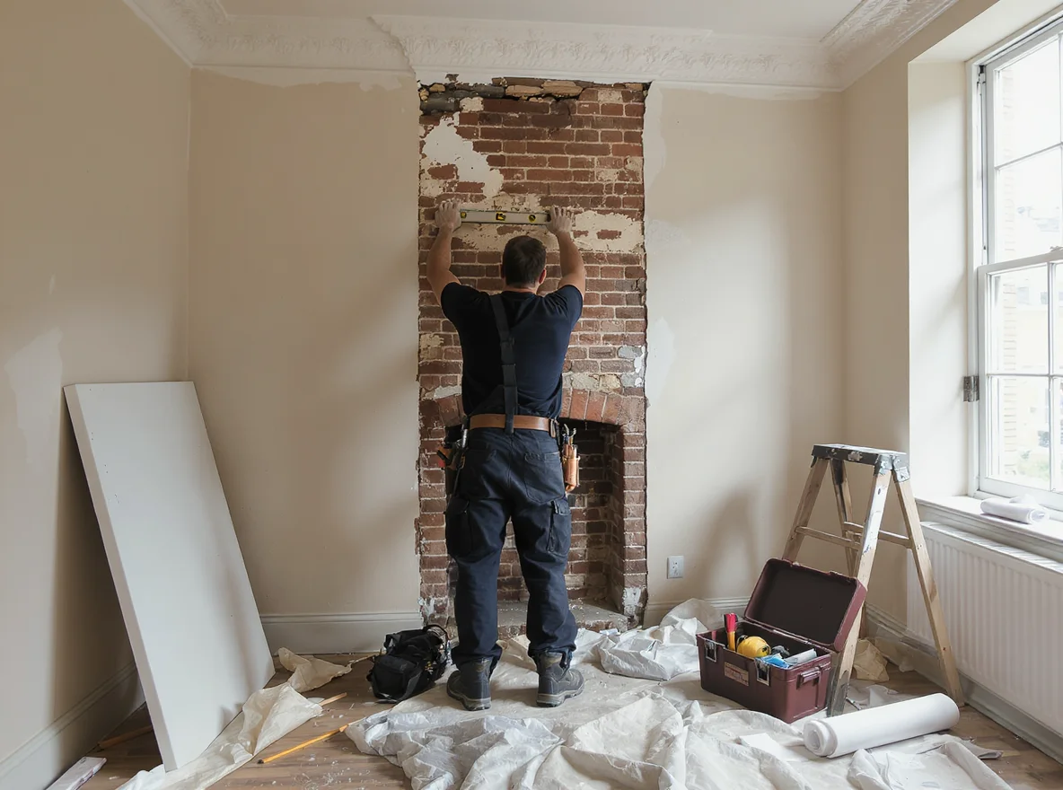 A tradesperson holding a spirit level against a partially exposed brick wall in a period London flat mid-alteration