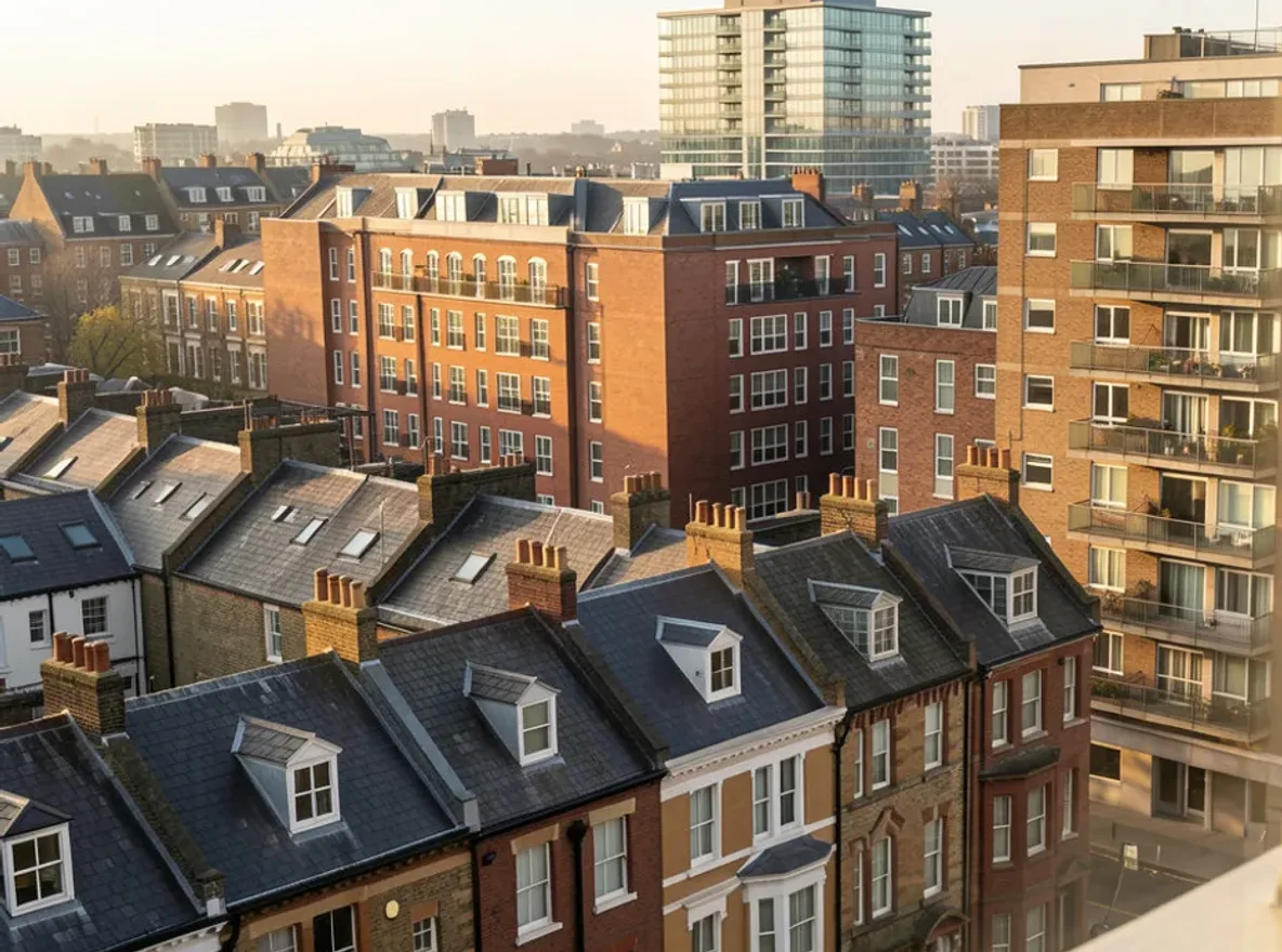 A view across London rooftops in evening light: the slate roofs of Victorian terraces converted into flats, brick mansion blocks and a balcony block behind them, and a glass tower in the distance