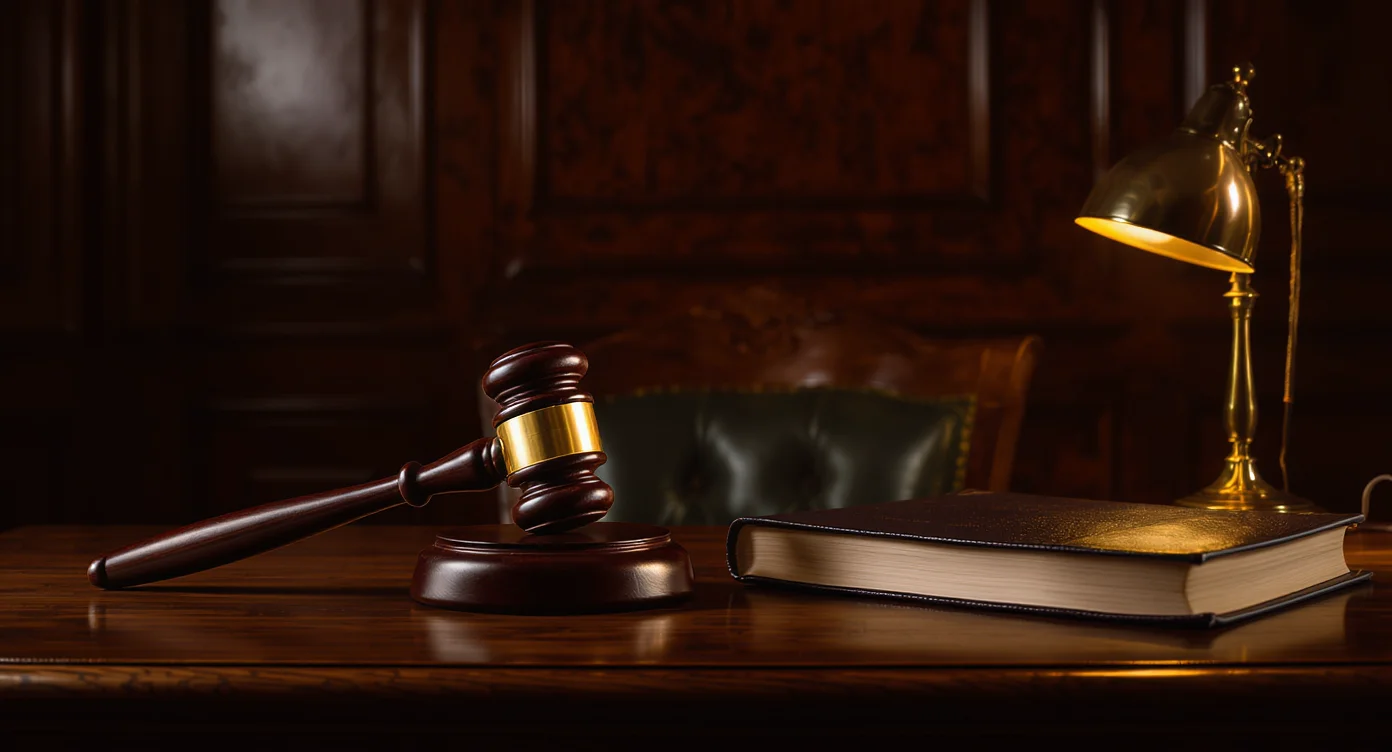 An auctioneer's gavel resting on a polished oak surface