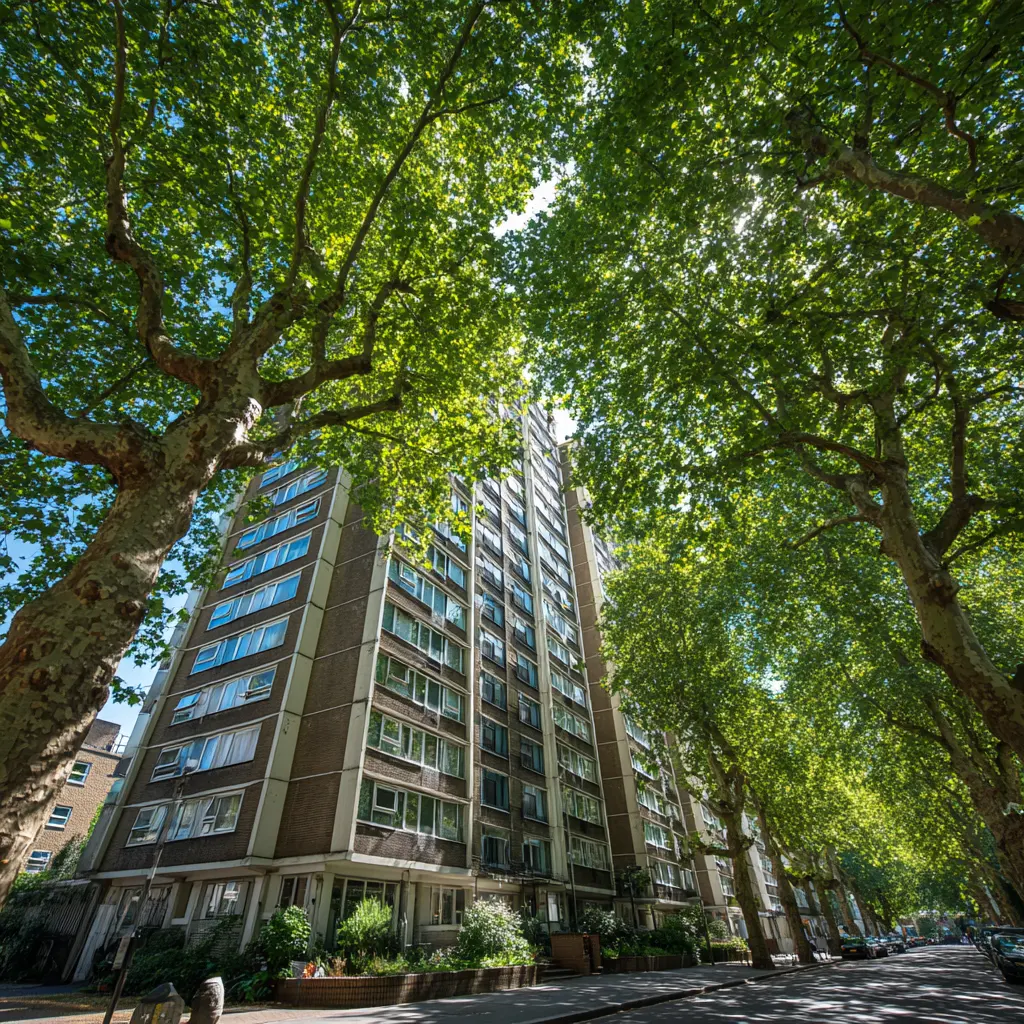 Block of flats in London on a leafy street