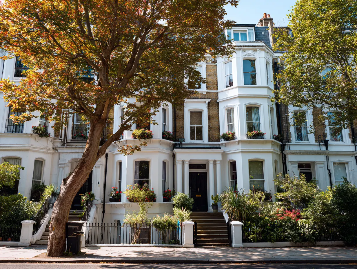 Block of traditional Victorian London flats on a leafy street