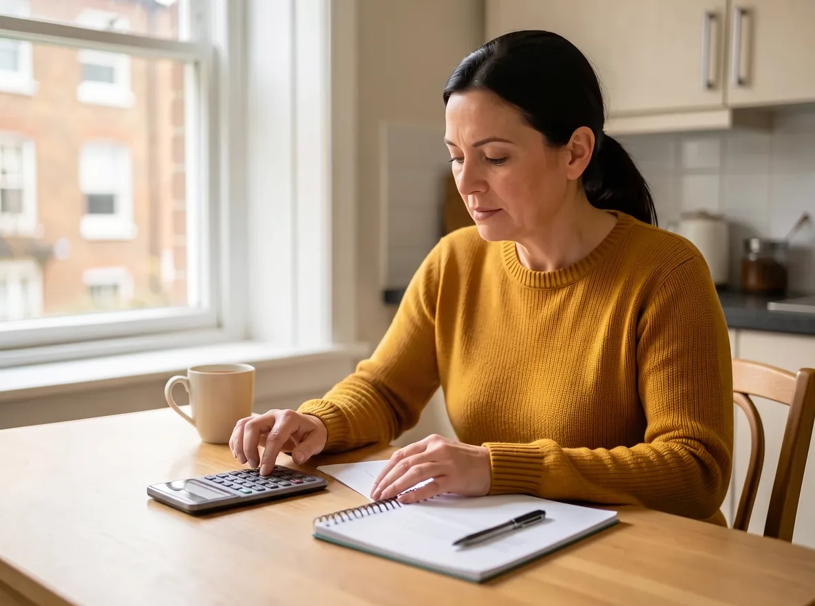 A woman at her kitchen table pressing the keys of a calculator with a notepad and pen beside her, working out what she would be left with
