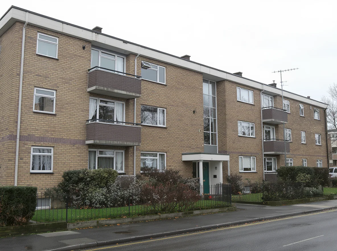 An ordinary purpose-built South London block of flats in buff brick, three or four storeys, on a quiet residential street