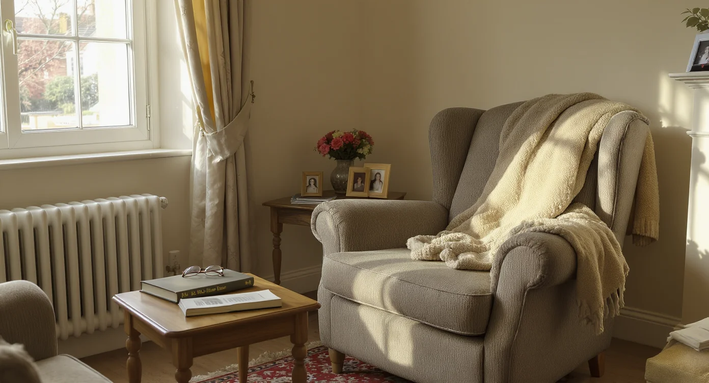 A quiet, tidy older British leasehold flat living room with an armchair near a sash window, a book and reading glasses on a side table, and warm afternoon light, suggesting a home recently vacated by a resident moving into care