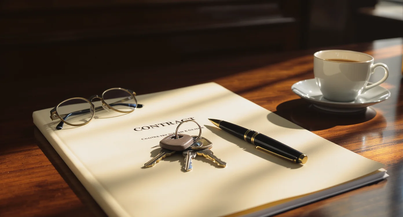 A set of front-door keys on a contract folder, beside a fountain pen