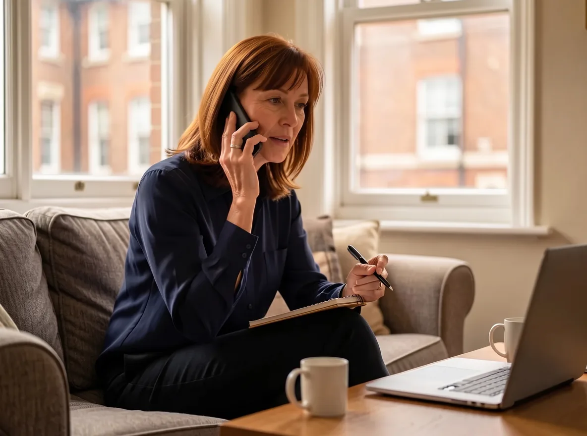 A woman on a sofa in her flat with a phone to her ear and a pen over a notepad on her knee, asking a buyer questions, with a laptop on the coffee table