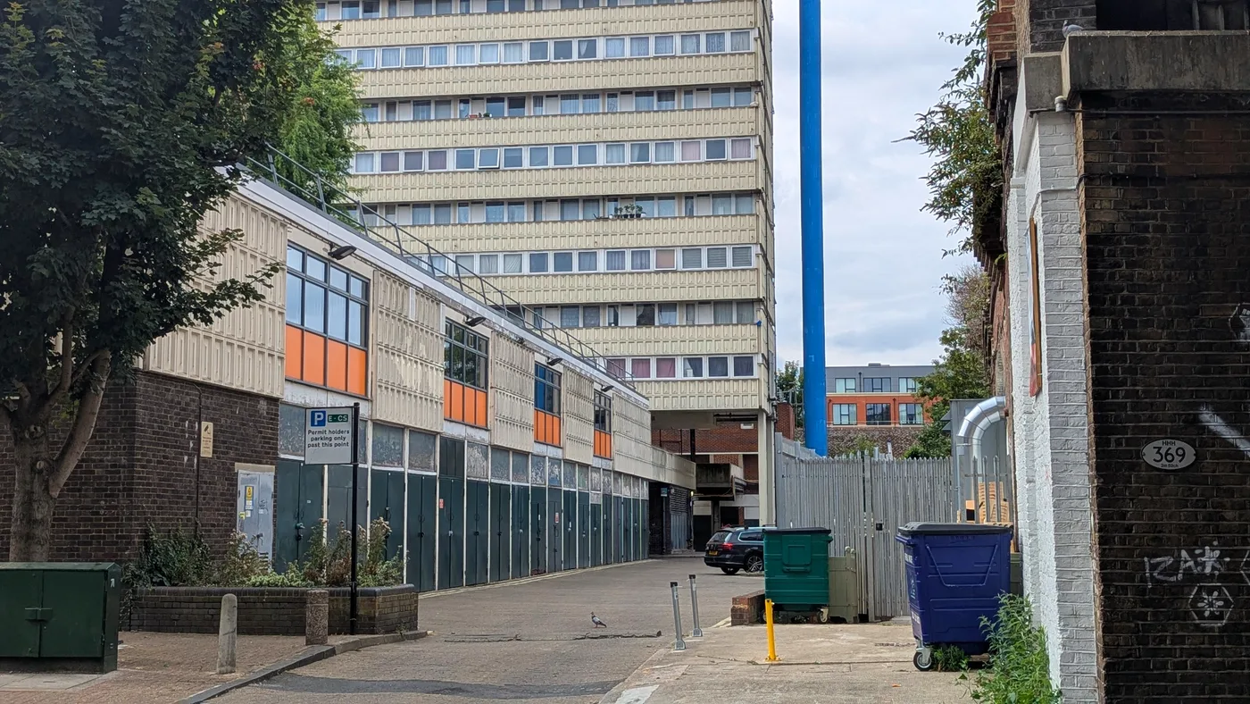 Castlemead, an ex-council tower block in SE5, south London, seen from the rear service road