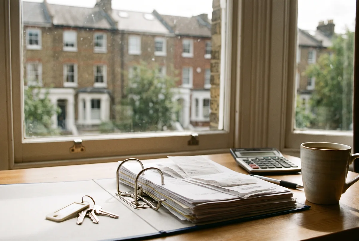 An open ring binder of property paperwork and receipts with a set of flat keys, a calculator and a mug on a desk by a window