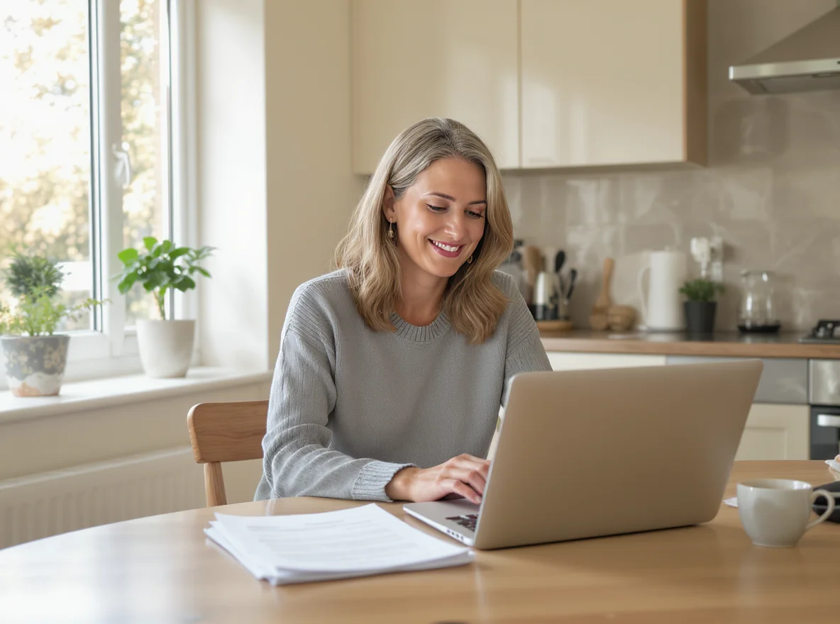 A woman checking her lease details on a laptop at her kitchen table, with the lease papers beside her