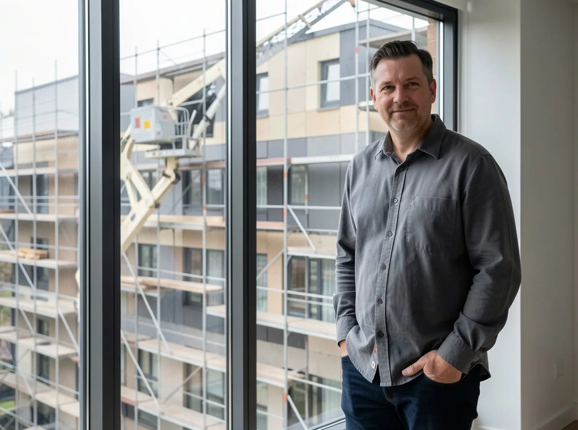 A man standing at the floor-to-ceiling window of a modern flat with his hands in his pockets, looking out at scaffolding and a hoist on the block opposite where the cladding is being replaced