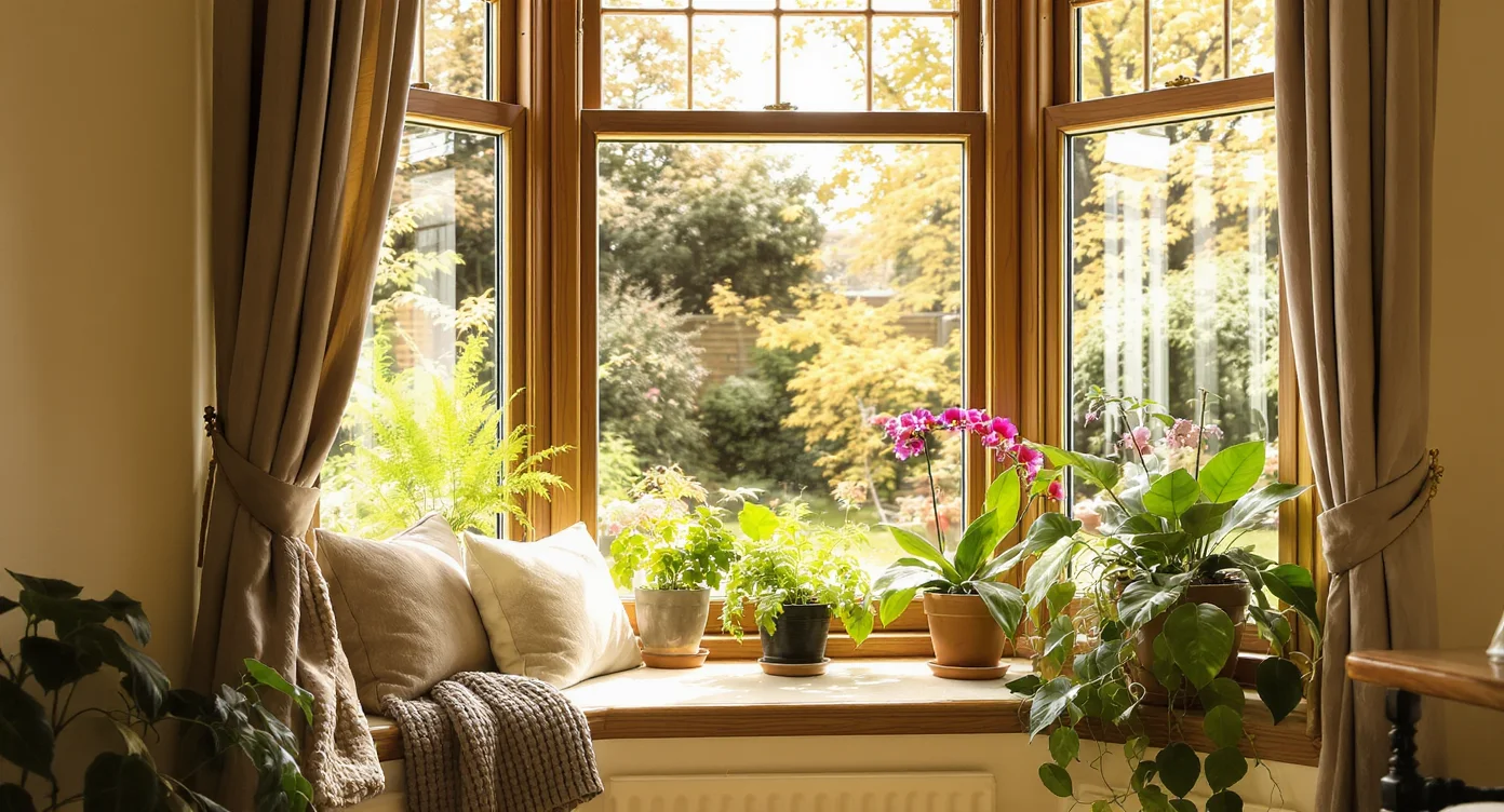 A quiet, calm British leasehold flat living room interior with two matching armchairs, one holding a folded throw and an open book, the other empty, warm afternoon daylight from a sash window, suggesting a long-shared home now occupied by one