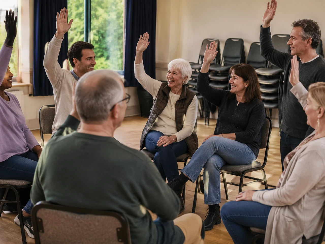 A group of leaseholders at a residents' meeting voting with a show of raised hands in a community hall