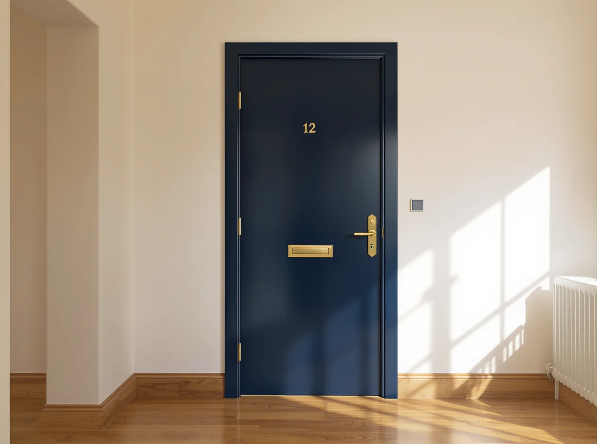A modern minimalist flat front door in dark navy gloss with polished brass fittings and a brass number 12, set in the corridor of a contemporary residential building