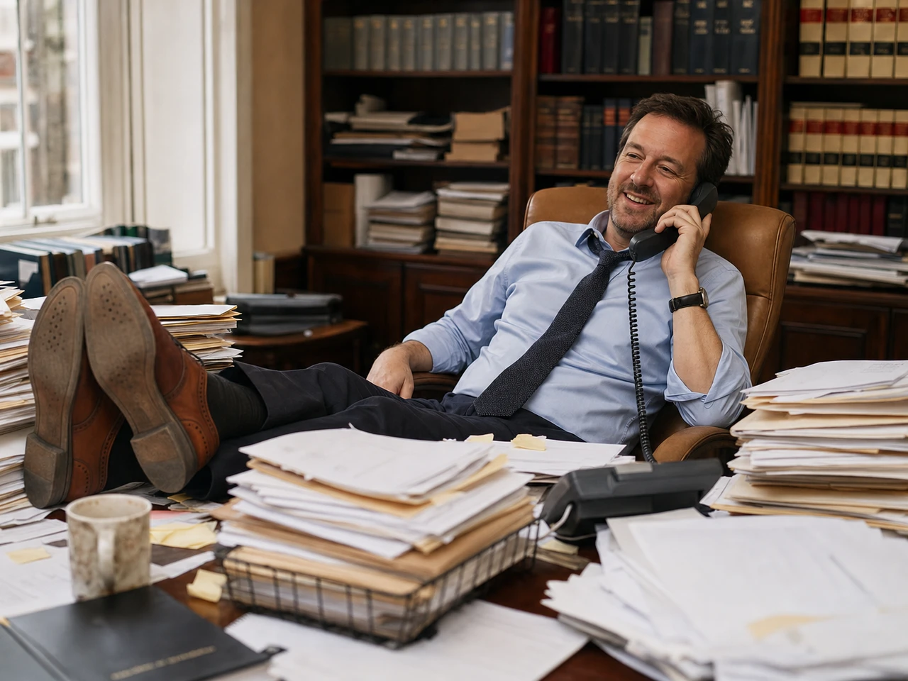 A relaxed solicitor leaning back with his feet up on a paper-strewn desk, talking on a corded office phone in a traditional law office