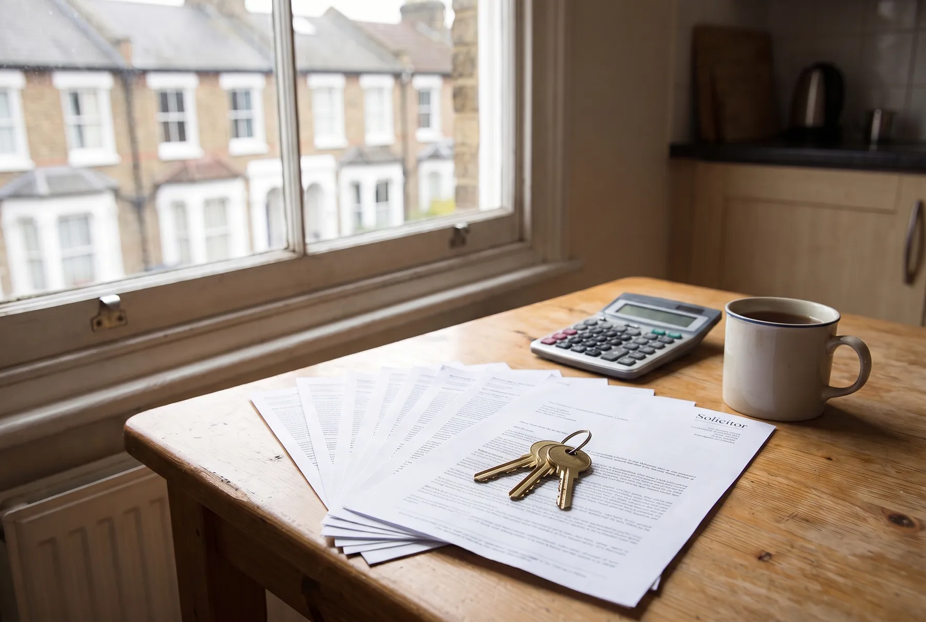 Printed invoices and a solicitor's letter with a set of front door keys, a calculator and a mug of tea on a kitchen table, with a London terrace through the window
