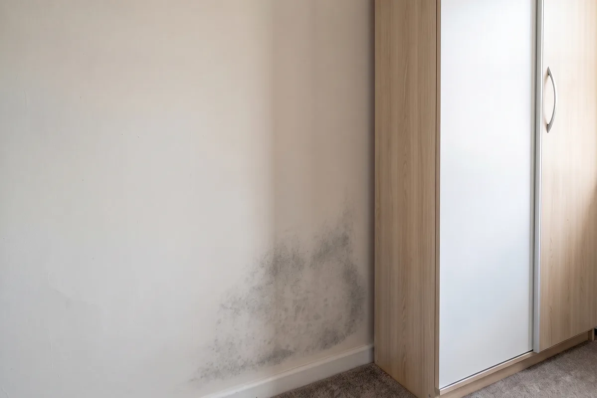 A soft patch of grey condensation mould low on a pale bedroom wall, revealed where a wardrobe has been pulled away from the outside wall