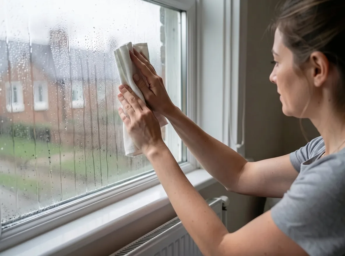 A woman wiping heavy condensation from the inside of a sash window in a London flat with a cloth, with a few faint mould specks in the corner of the window reveal