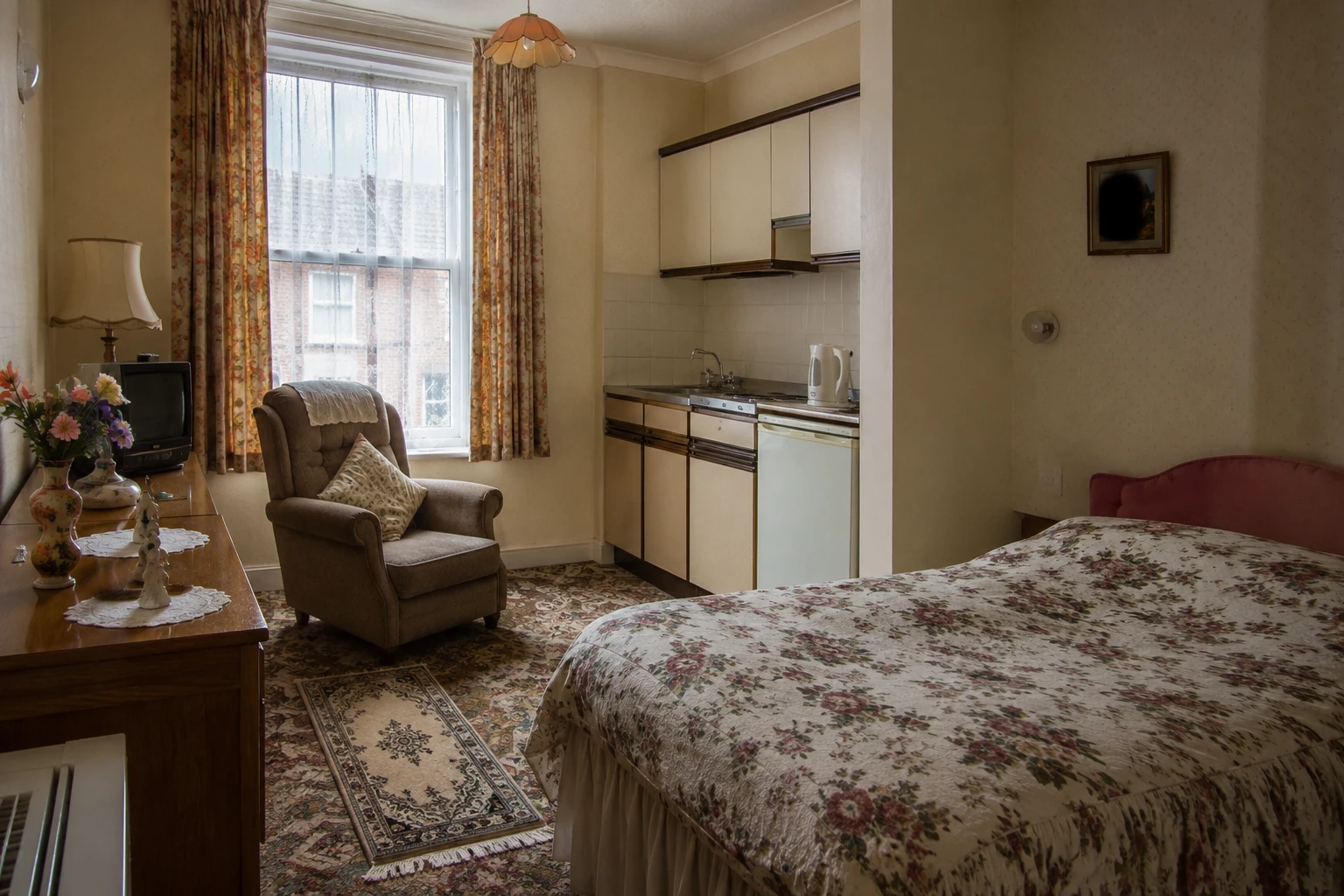 Interior of a dated London studio flat with floral bedspread and old kitchenette