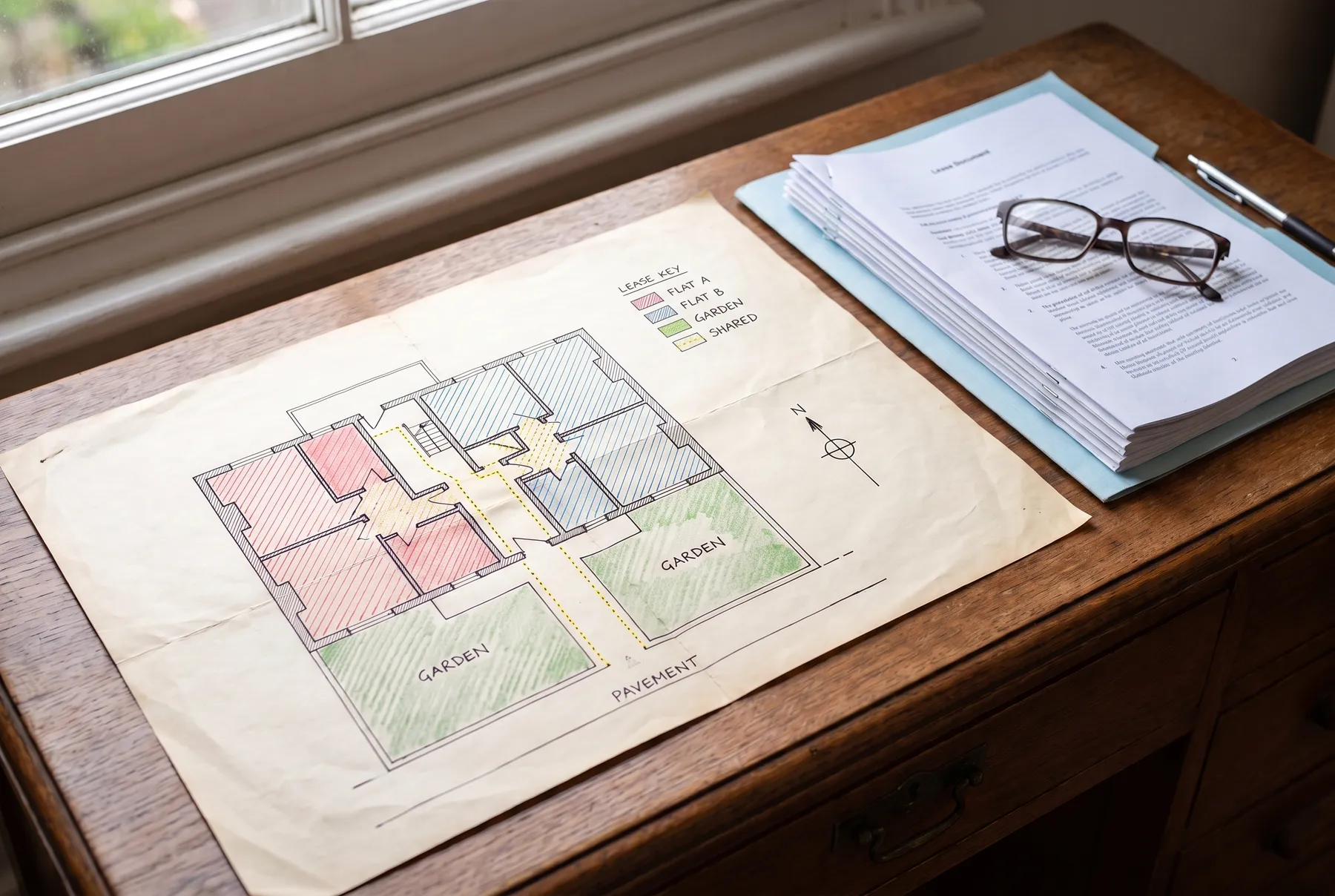 An old hand-coloured lease plan of a house converted into two flats, one hatched red and one blue with green gardens, lying on a wooden desk beside a stapled lease, reading glasses and a pen
