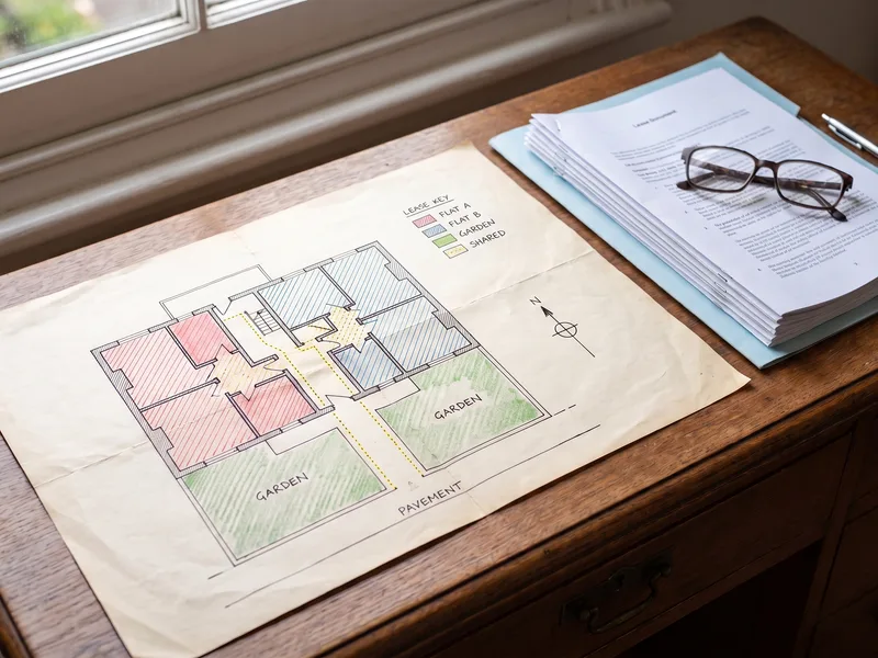 An old hand-coloured lease plan of a house converted into two flats, lying on a desk beside the lease
