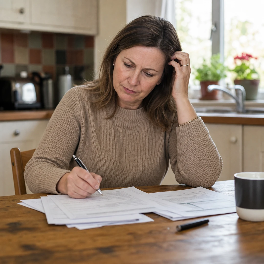 A woman sitting at her kitchen table filling in property forms, pausing to scratch her head, unsure how to answer