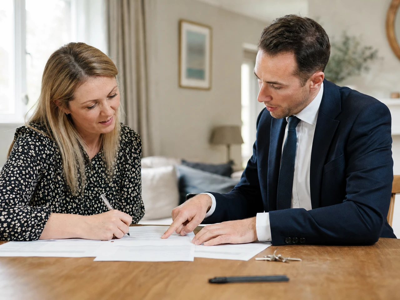 A homeowner and an estate agent sitting at a table going through property paperwork together, the homeowner filling in a form with a pen