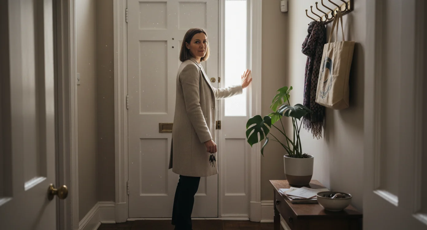 A woman arriving home to her period-conversion flat, closing the panelled front door behind her with keys in hand and glancing back over her shoulder