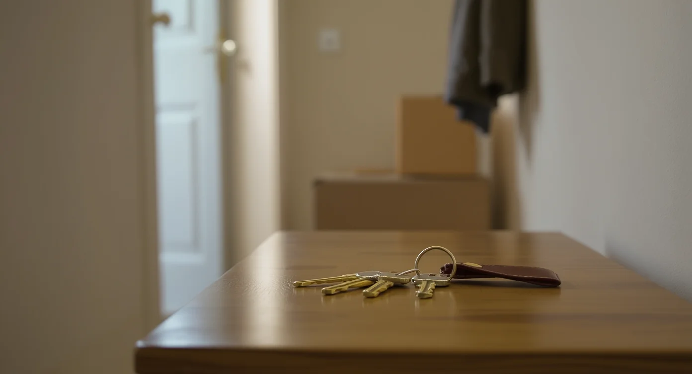 A quiet British leasehold flat entryway with two separate sets of brass keys on a side table and moving boxes softly out of focus in the background, suggesting a joint home in transition