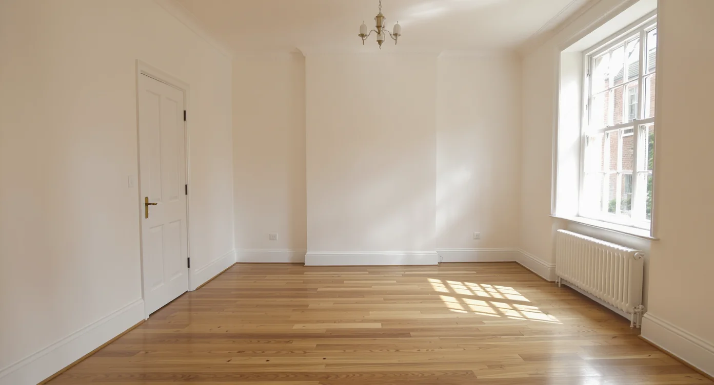 An empty British flat interior with bare walls and hardwood floor