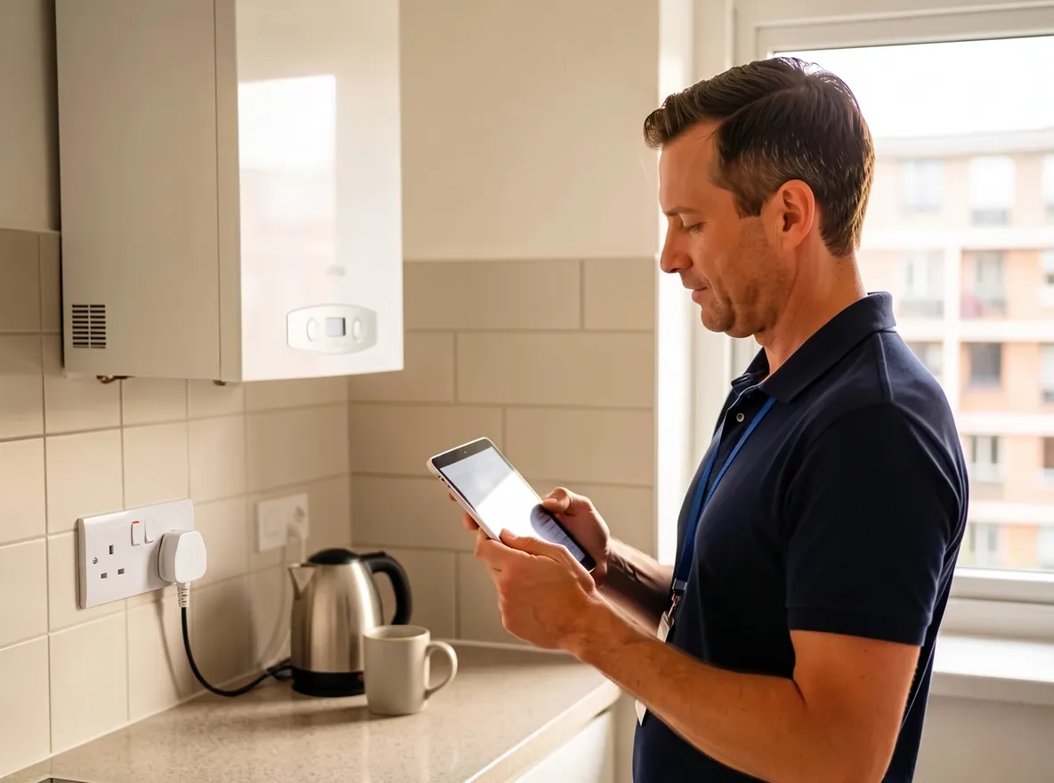 An energy assessor in a navy polo shirt with a lanyard, reading his tablet in a flat kitchen beside a wall-mounted combi boiler