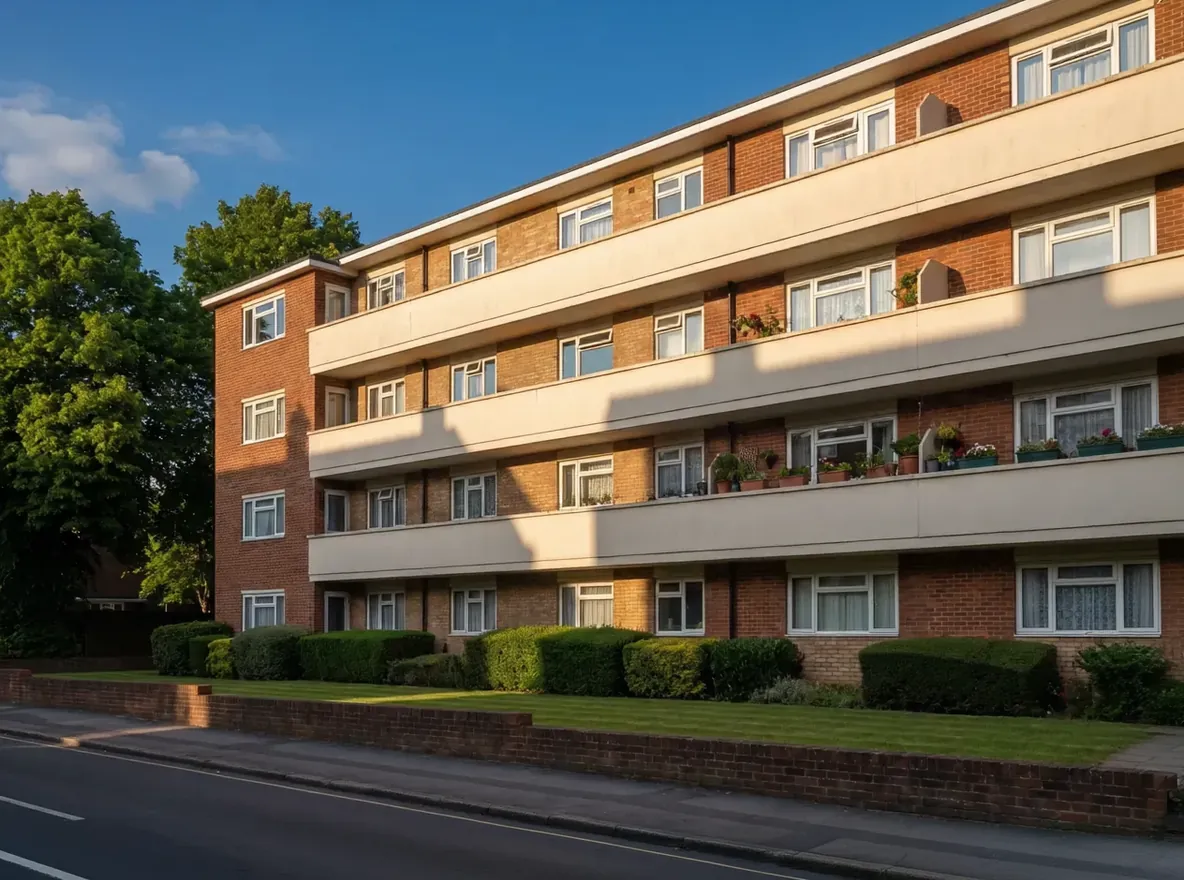 A well-kept four-storey ex-council brick block of flats in afternoon sunshine, with planted balconies and a clipped hedge
