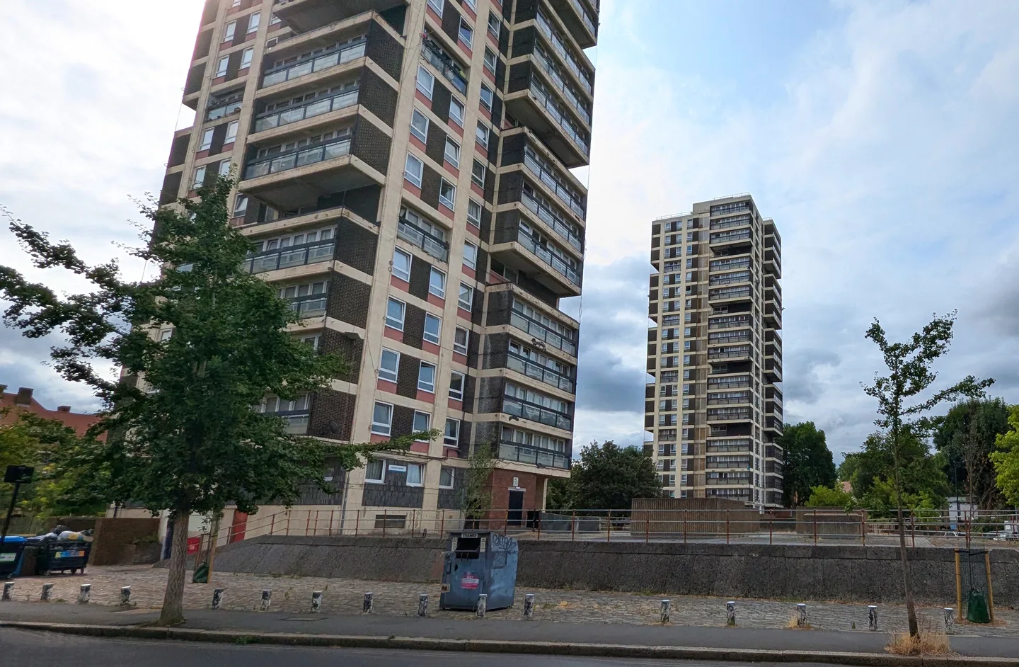 Two high-rise ex-council tower blocks with balconies in SE5, south London