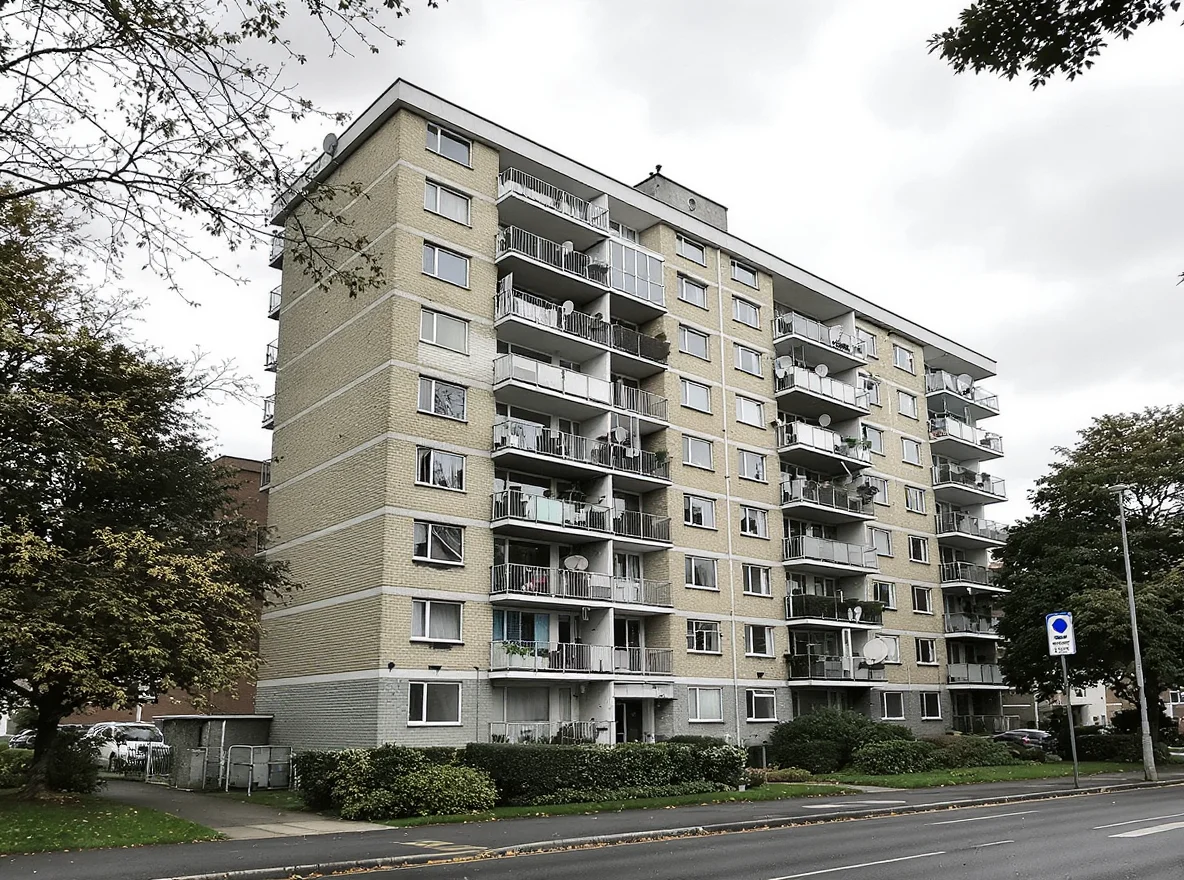 A typical UK ex-local-authority mid-rise block of flats in brick and concrete with deck-access balconies