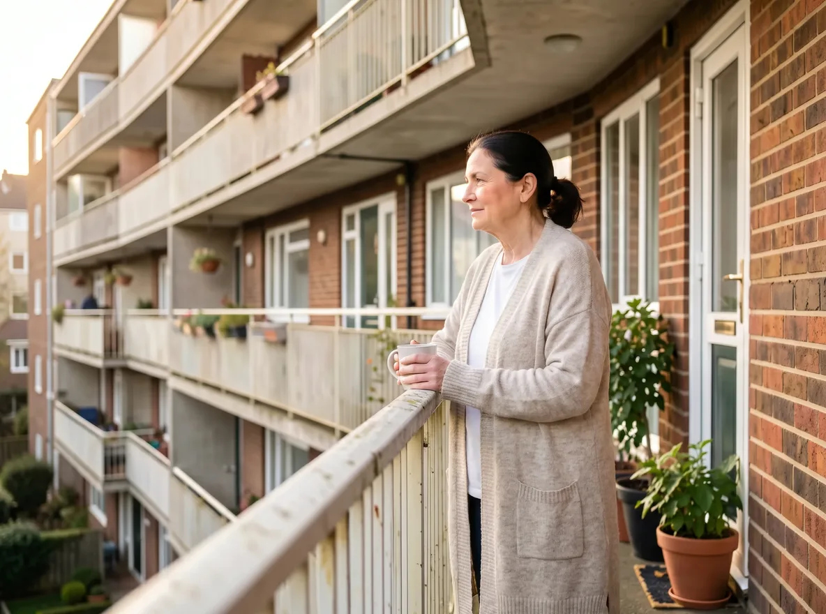 A woman in a cardigan holding a mug of tea on the deck-access walkway outside her flat in a 1960s London council block, looking out over the estate