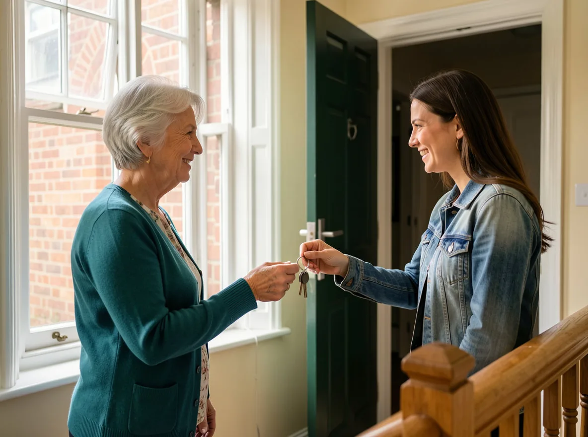 A mother in a teal cardigan on the communal landing outside her flat, handing the door keys to her smiling adult daughter