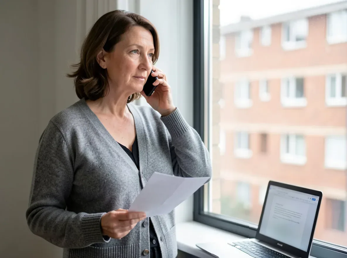 A woman in a grey cardigan standing by the window of her flat with a phone to her ear, holding an opened letter, a laptop open on the windowsill and a brick block of flats outside