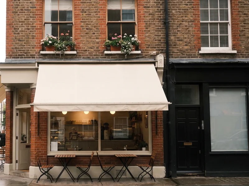 A small café with tables on the pavement on the ground floor of a red-brick building, with a flat above