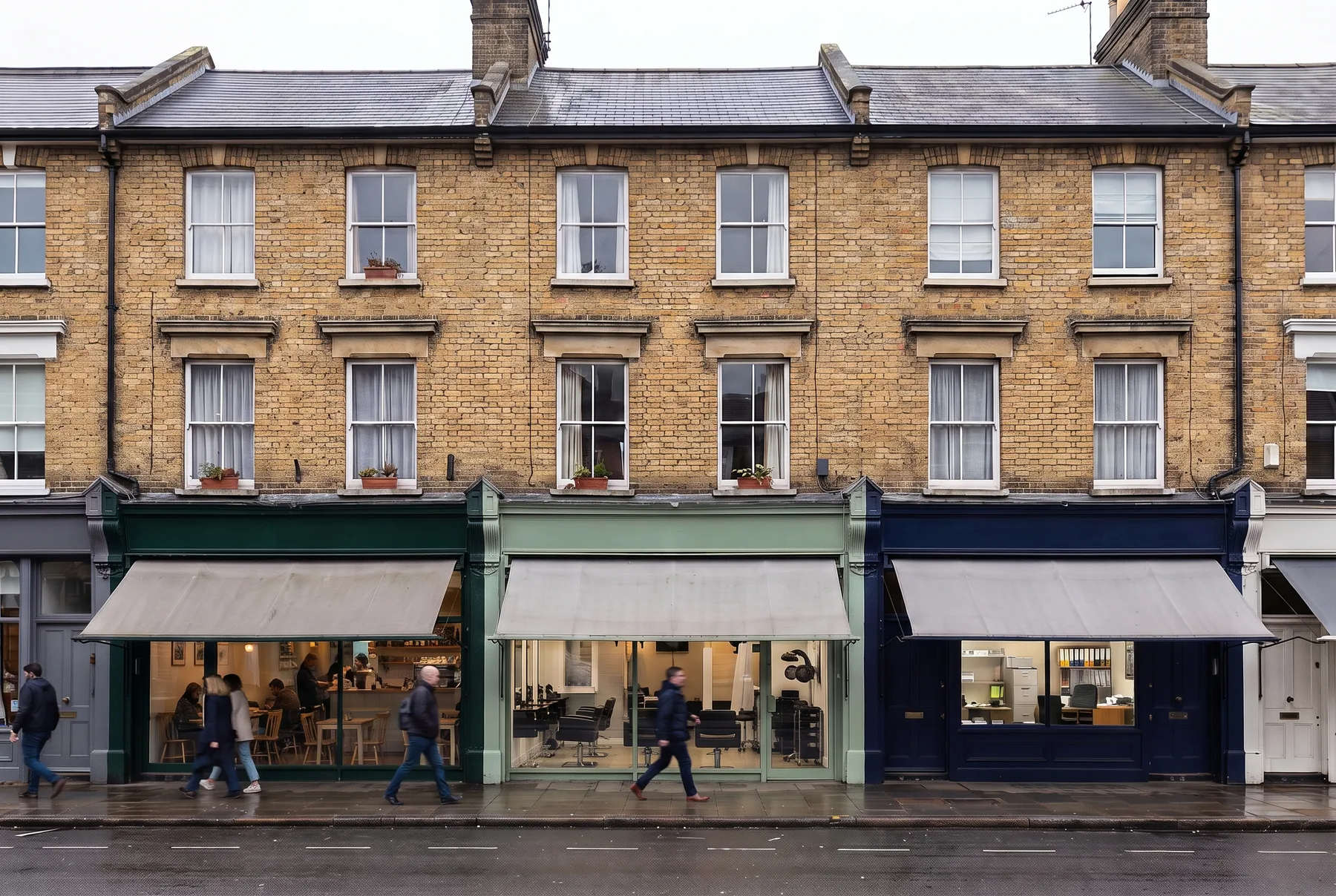 A London parade of yellow-brick Victorian buildings with a café, a hair salon and an office on the ground floor and two floors of flats above, people walking past on the pavement